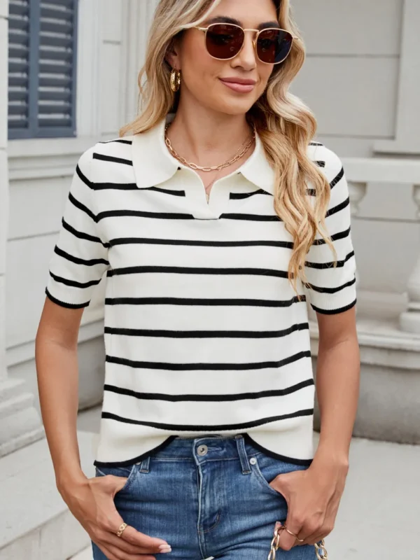 Casual striped knitted sweater with a collar women's top - Image 13