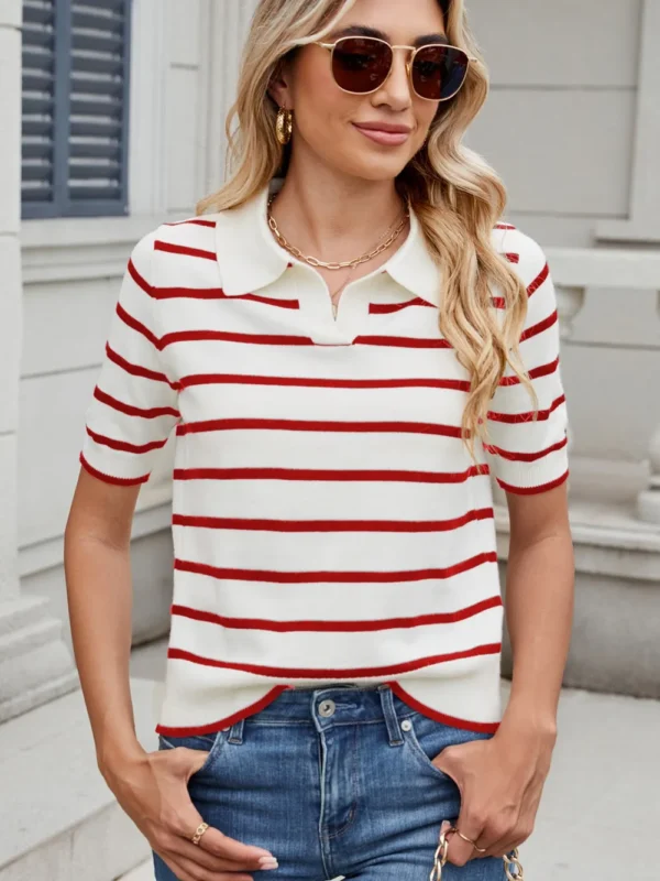 Casual striped knitted sweater with a collar women's top - Image 2