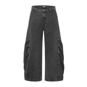 High Street Washed Distressed Deconstructed Rivet Tapered Denim Pants Unisex Loose Design Wide Leg Long Pants