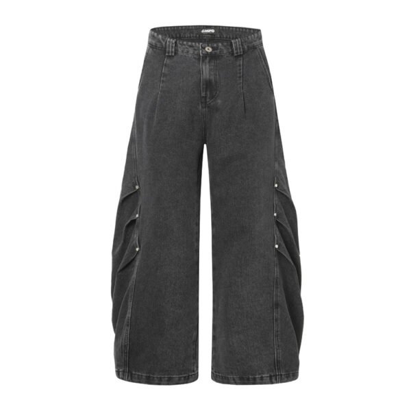 High Street Washed Distressed Deconstructed Rivet Tapered Denim Pants Unisex Loose Design Wide Leg Long Pants