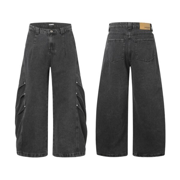 High Street Washed Distressed Deconstructed Rivet Tapered Denim Pants Unisex Loose Design Wide Leg Long Pants - Image 5