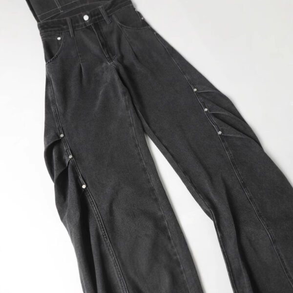 High Street Washed Distressed Deconstructed Rivet Tapered Denim Pants Unisex Loose Design Wide Leg Long Pants - Image 4